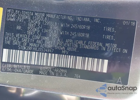 2018 Toyota Highlander Xle z USA, uszkodzony, nr VIN 5TDKZRFHXJS534847